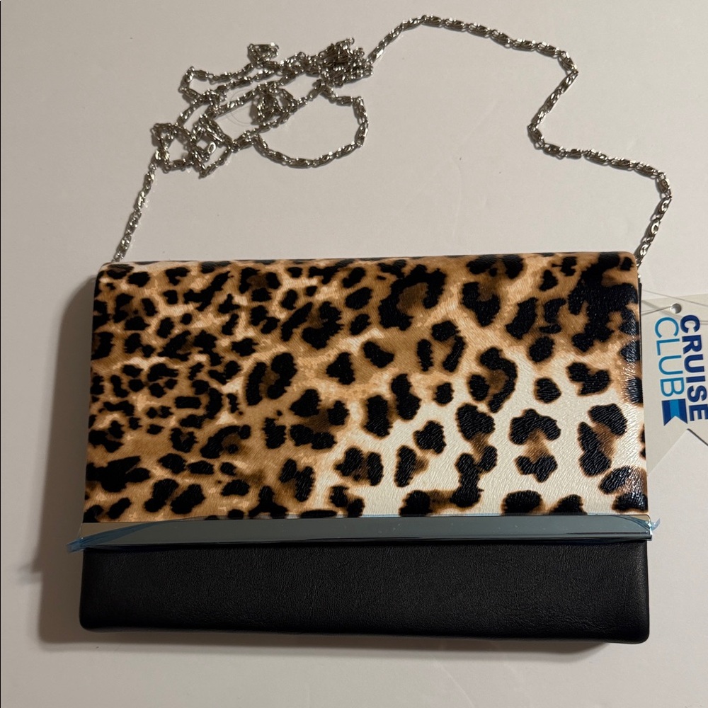 Leopard Print Chain Clutch Bag - Black & Tan